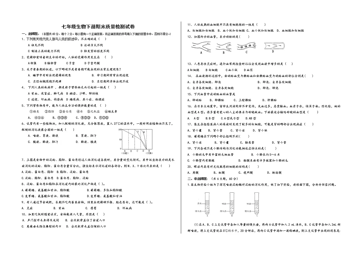 新人教版初中七年级下册生物期末测试试题含答案第1页