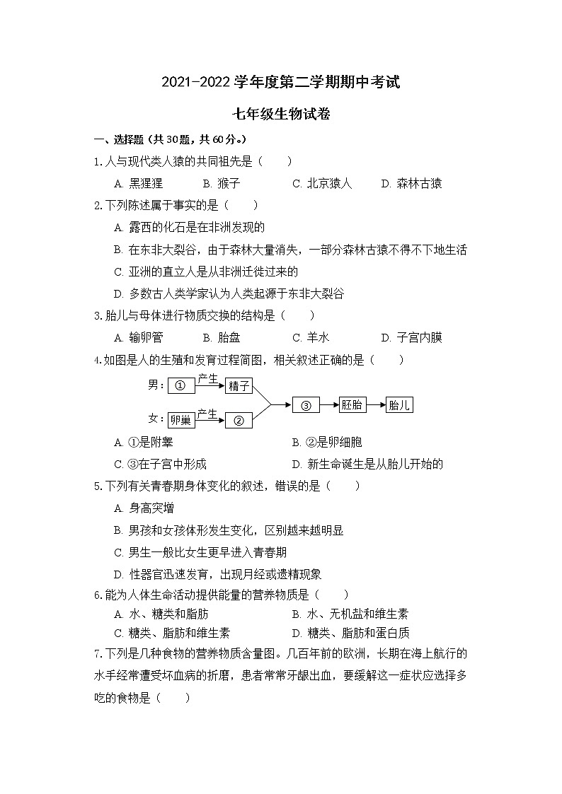 广东省高州市第一中学附属实验中学2021-2022学年七年级下学期期中考试生物试题(word版含答案)01