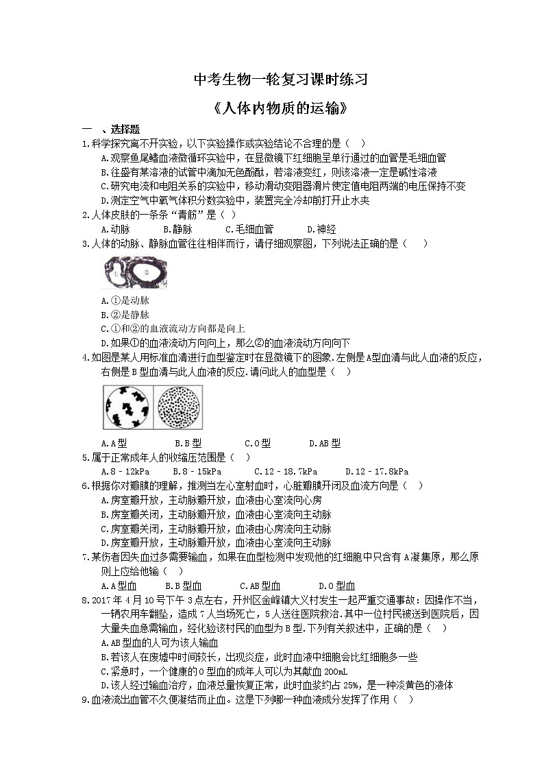 中考生物一轮复习课时练习《人体内物质的运输》（含答案）01