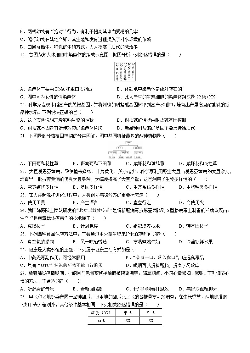 2022年陕西省咸阳市武功县中考二模生物试题(word版含答案)03