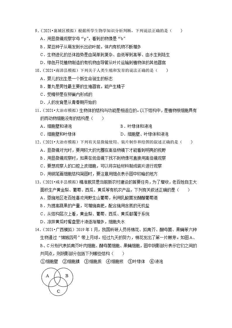 2022年湖北省中考生物二轮专题练1-生命体的结构层次03