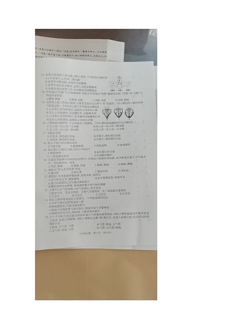2022年七年级下册生物期中试卷02
