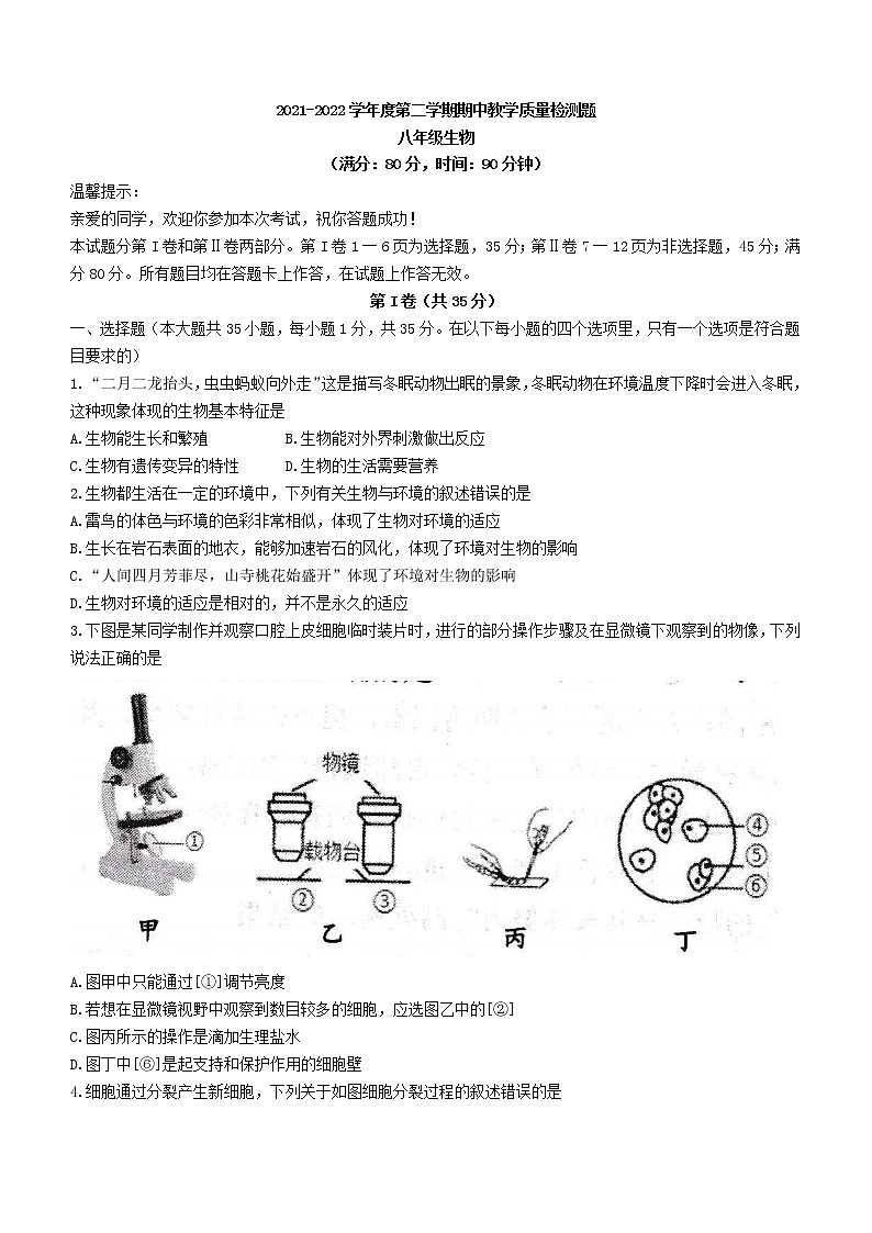 山东省青岛市西海岸新区2021-2022学年八年级下学期期中生物试题(word版含答案)01