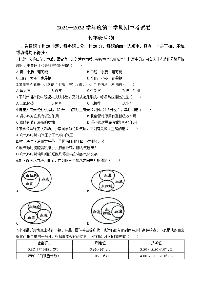 河南省虞城县部分校2021-2022学年七年级下学期期中生物试题(word版含答案)01