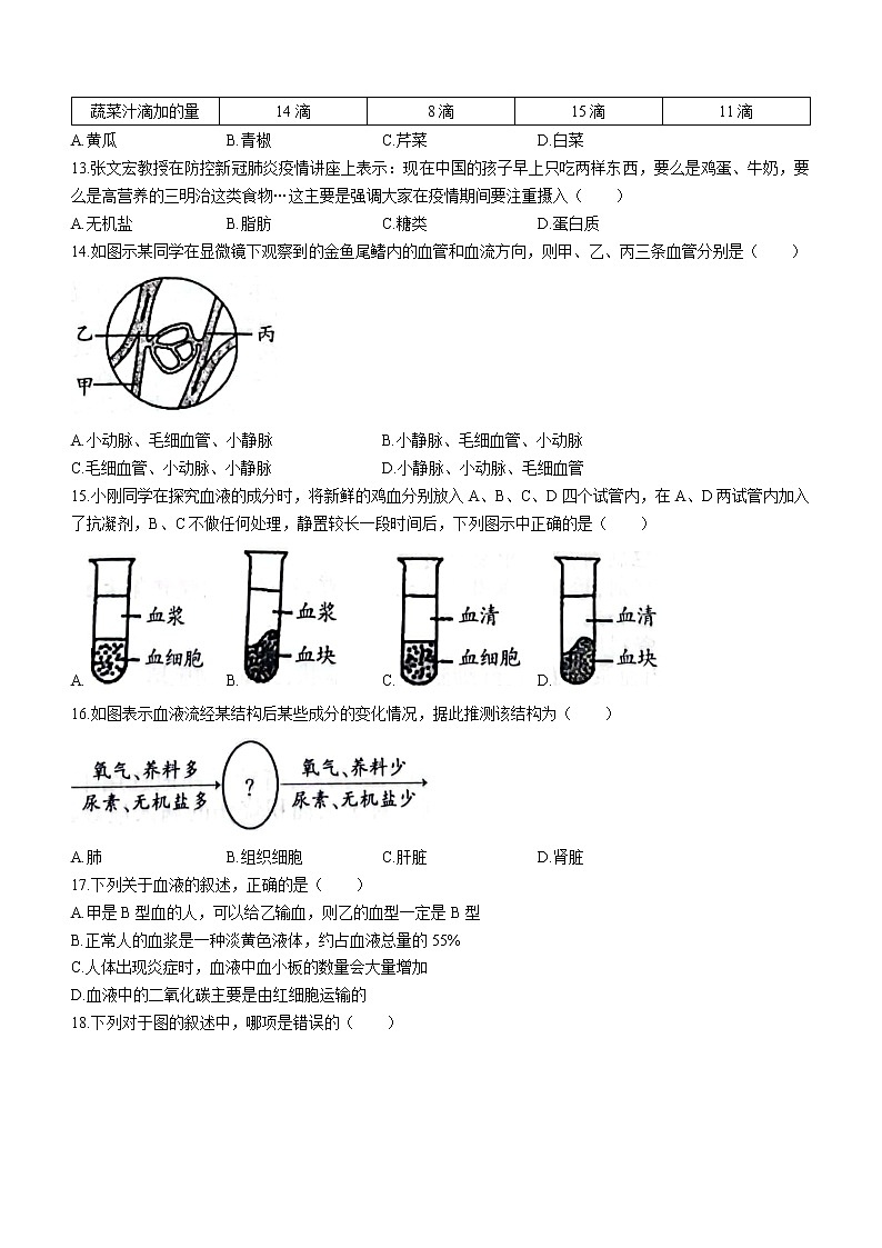 河南省虞城县部分校2021-2022学年七年级下学期期中生物试题(word版含答案)03