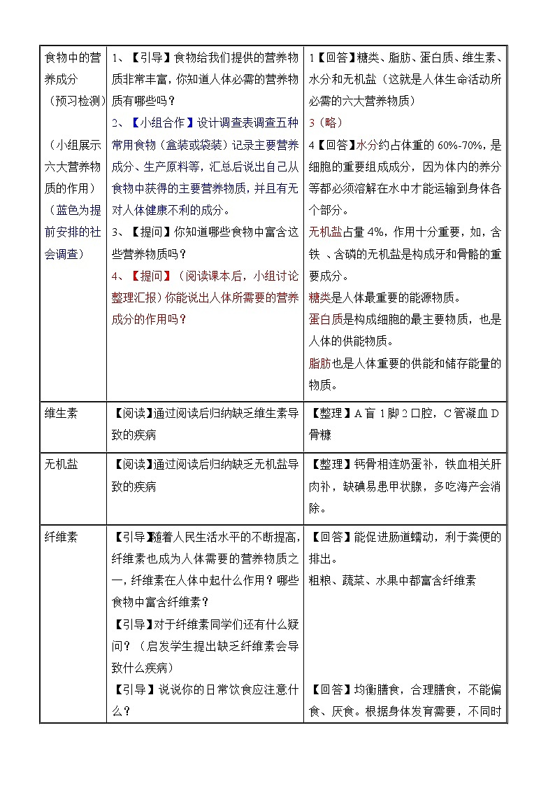 苏教版七下生物 9.1人体需要的主要营养物质 教案02