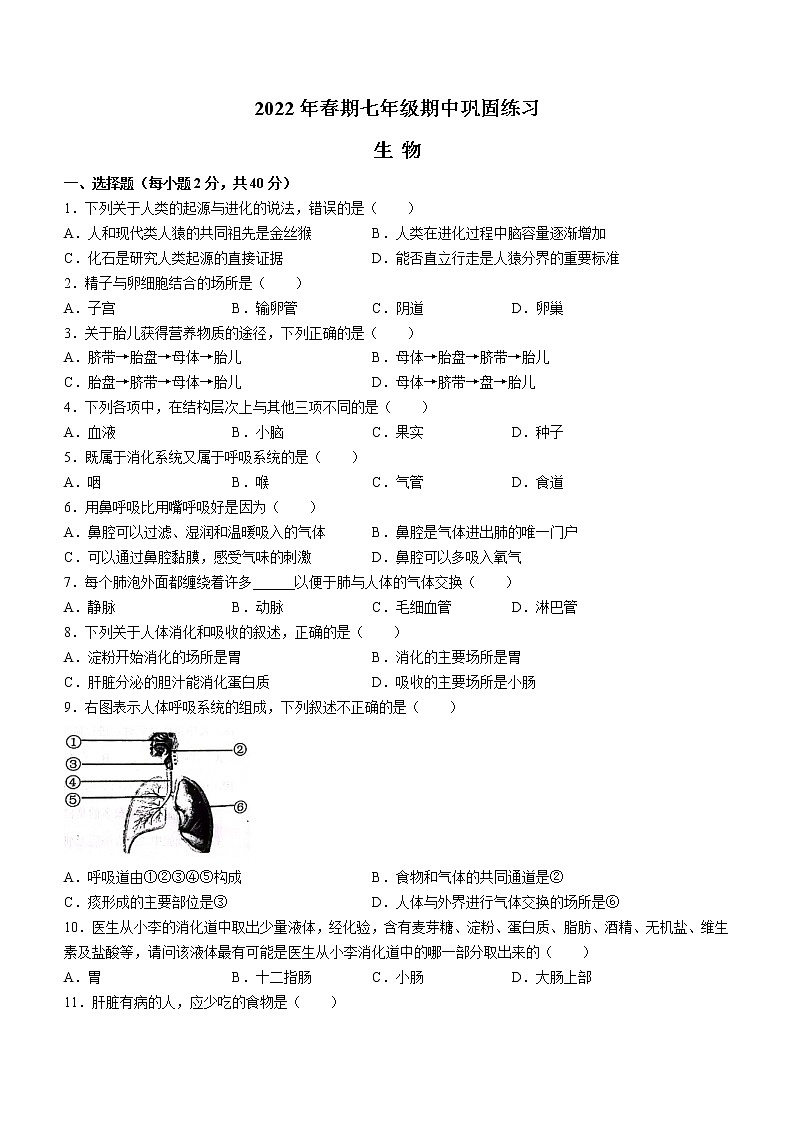 河南省南阳市南召县2021-2022学年七年级下学期期中生物试题(word版含答案)第1页