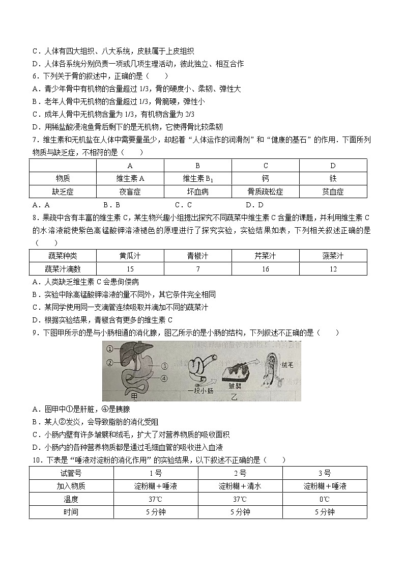 河南省周口市西华县2021-2022学年七年级下学期期中生物试题(word版含答案)02