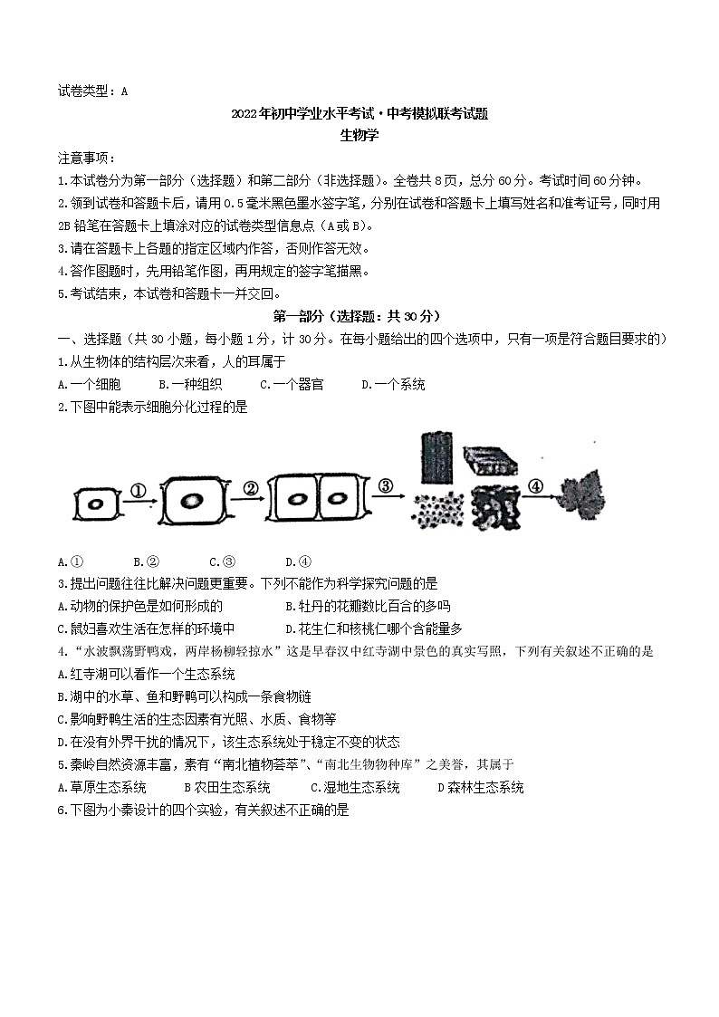 2022年陕西省渭南市澄城县中考一模生物试题01