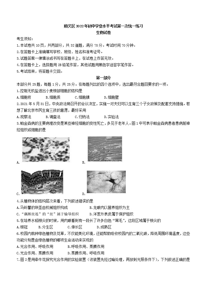 2022年北京市顺义区初中学业水平考试一模生物试题(word版无答案)01