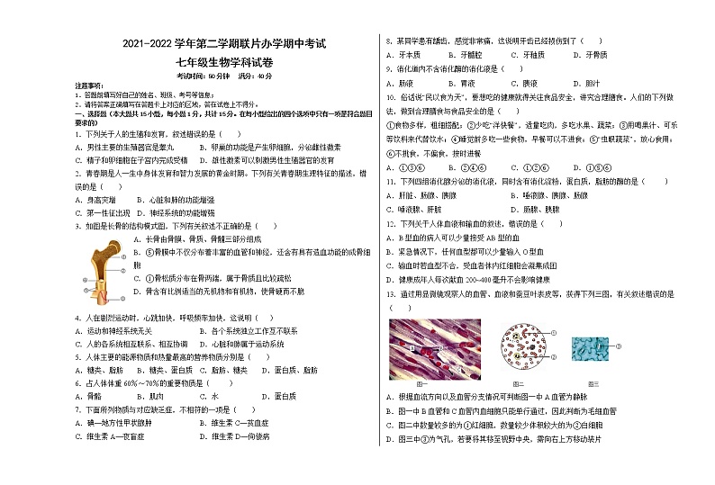 甘肃省兰州市教育局第四片区2021-2022学年七年级下学期期中考试生物试题（含答案）01