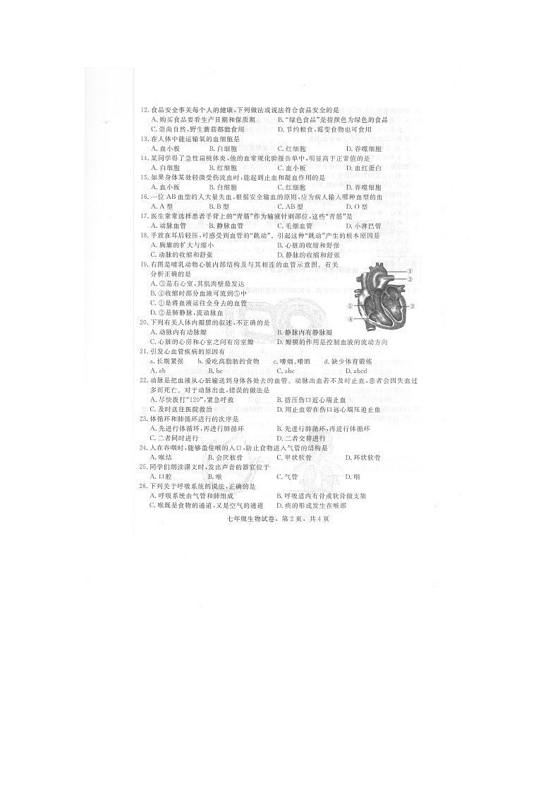 河北省石家庄市正定县2021-2022学年七年级下学期期中生物试题（含答案）02