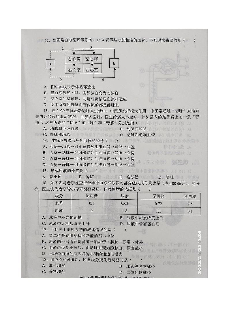 山东省济宁市金乡县2021-2022学年下学期七年级下册期中考试生物试题(含答案)03