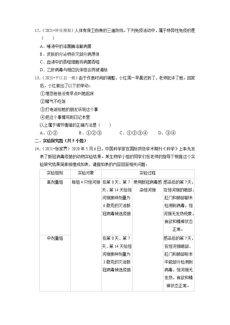 2022年湖南省中考生物二轮专题练9-人体健康03