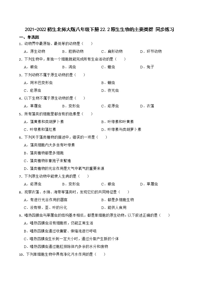 初生北师大版八年级下册22.2原生生物的主要类群 同步练习01