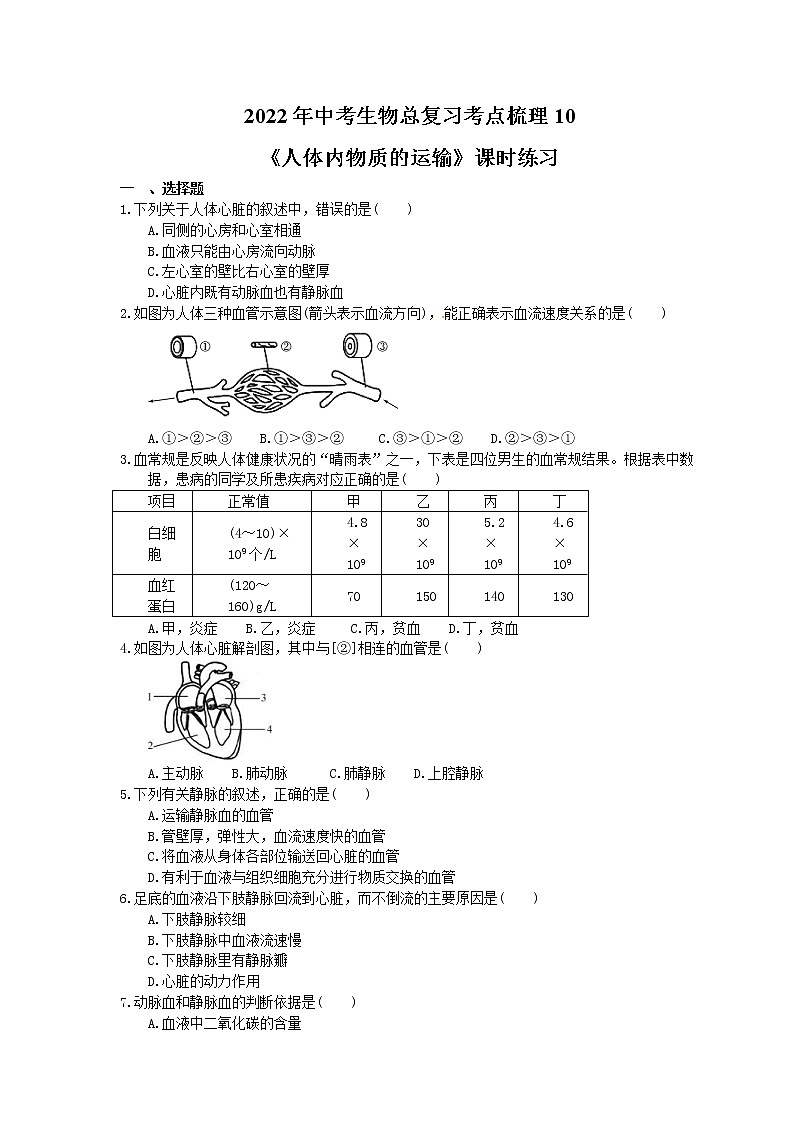 2022年中考生物总复习考点梳理10《人体内物质的运输》课时练习（含答案）第1页