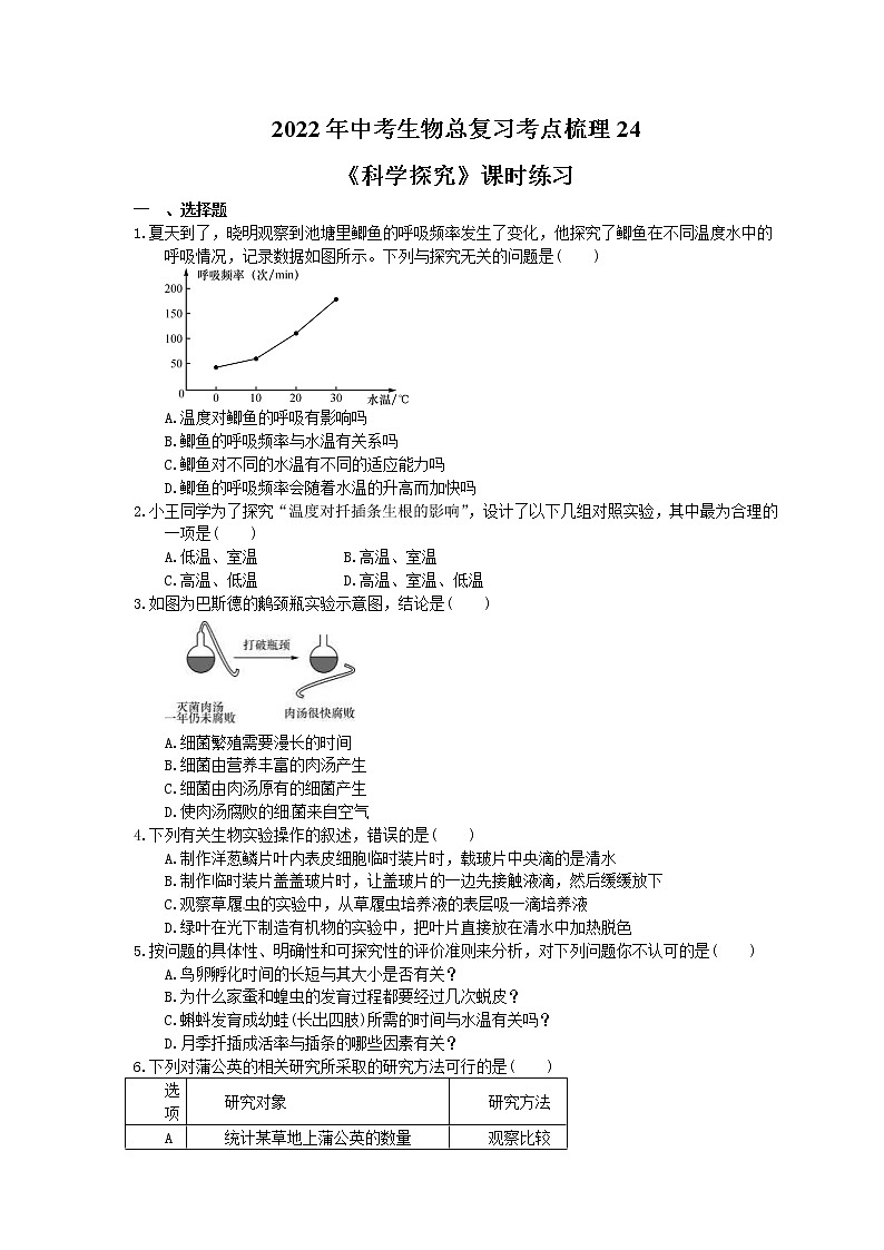 2022年中考生物总复习考点梳理24《科学探究》课时练习（含答案）第1页