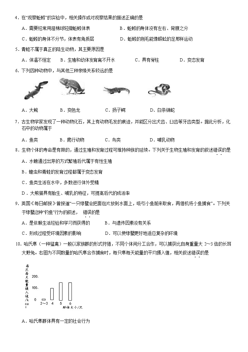 2021北京西城区八年级（上）期末生物试题（原卷版）02