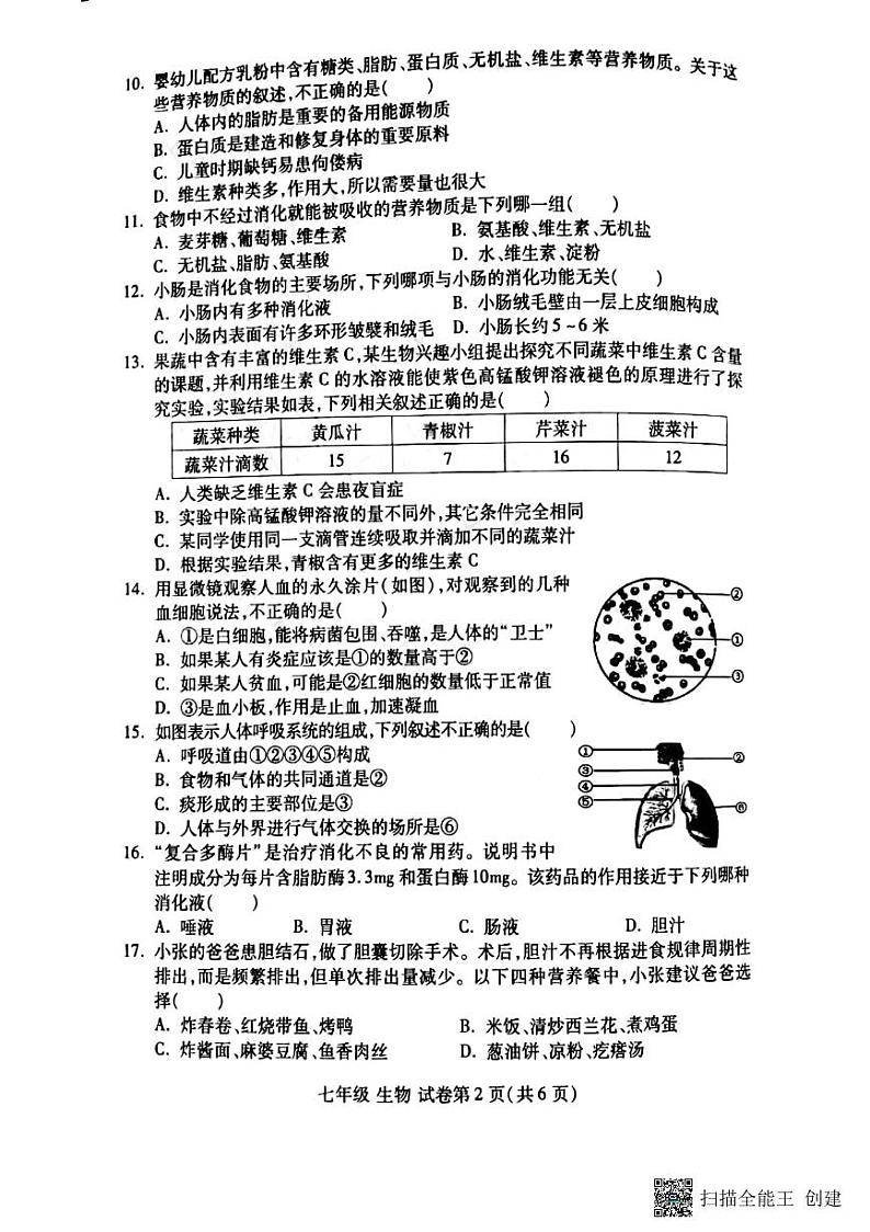 2021-2022学年河南省洛阳市洛龙区七年级下学期期中生物测试卷（无答案）第2页