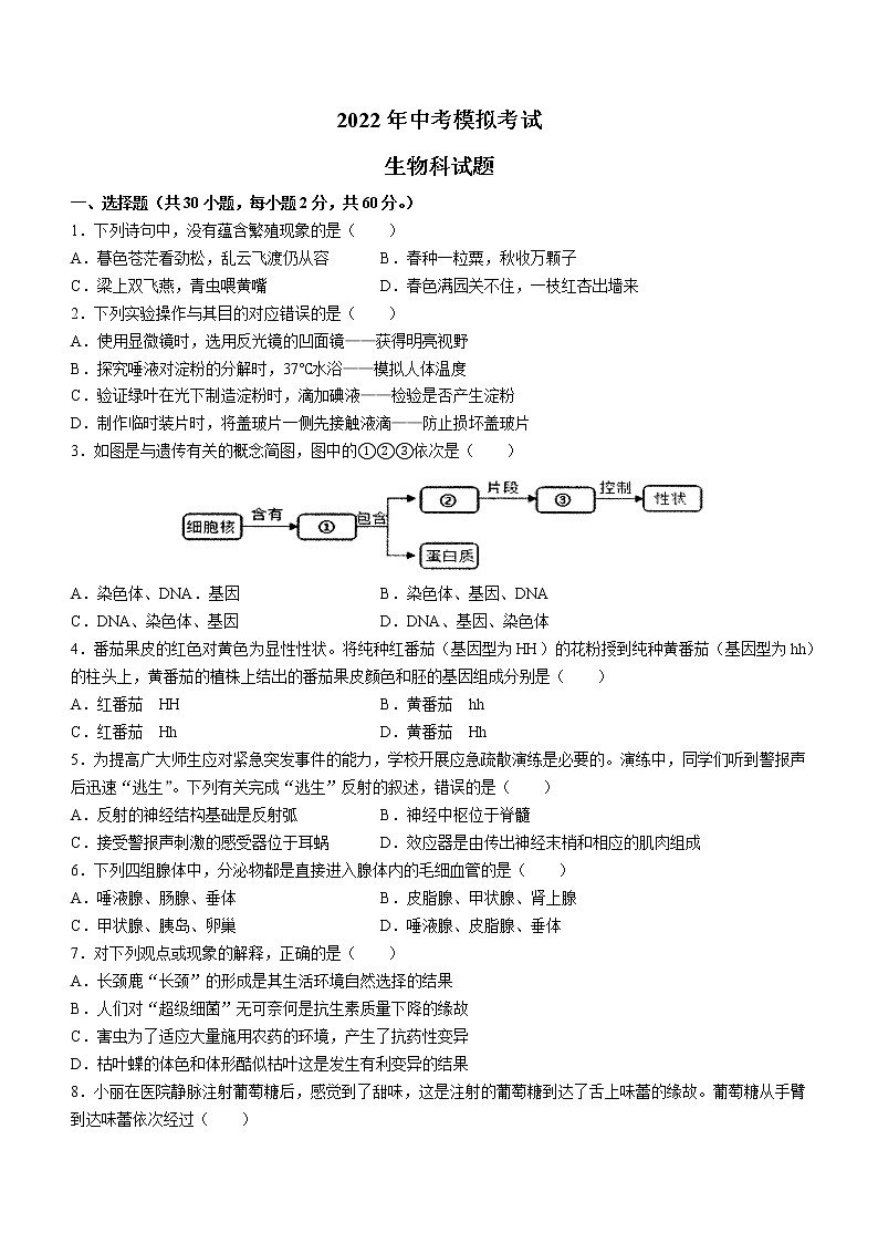 2022年广东省揭阳市惠来县九年级中考一模生物试题01