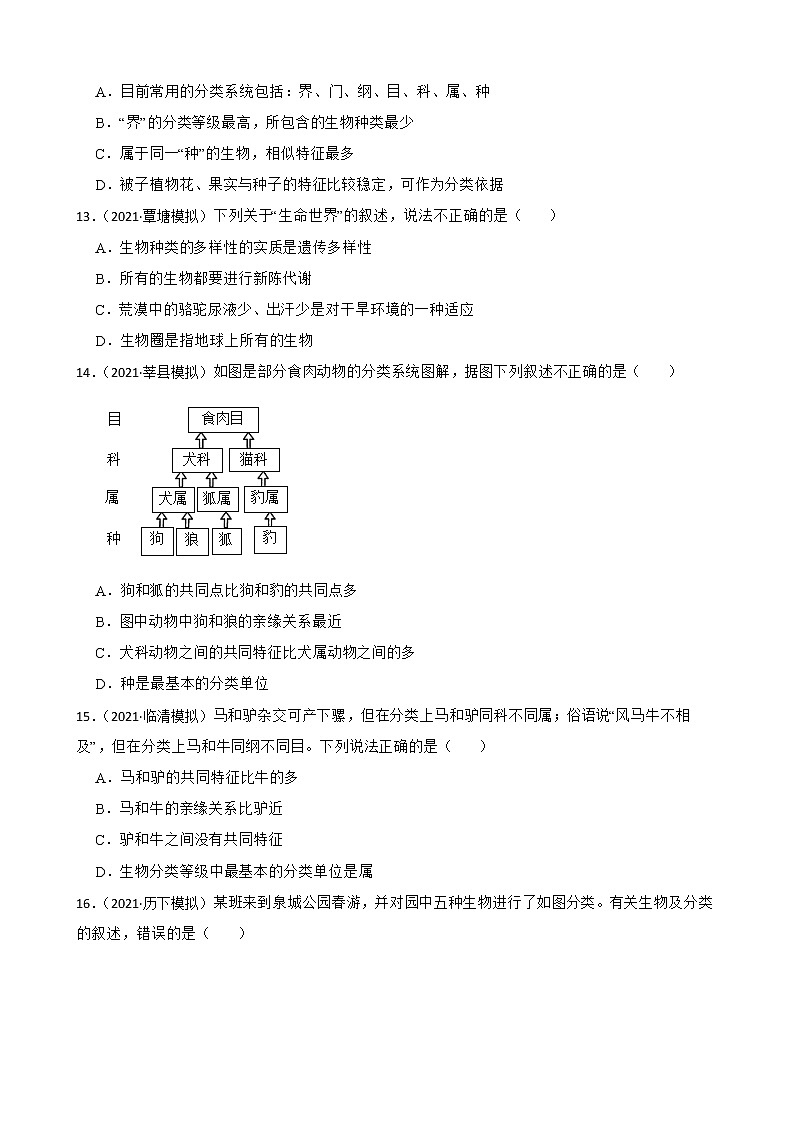 中考生物二轮复习测试专题26 生物的分类和生物的多样性(原卷+解析)第3页