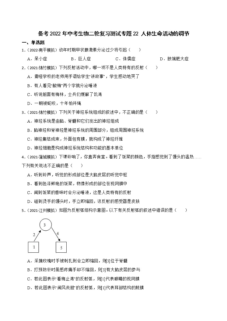 中考生物二轮复习测试专题22 人体生命活动的调节(原卷+解析)第1页