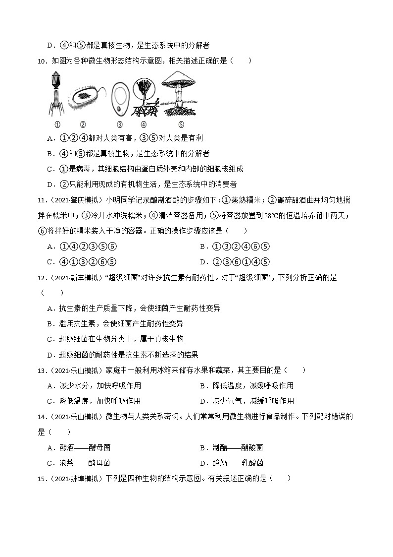 中考生物二轮复习测试专题25 神奇的微生物(原卷+解析)第3页