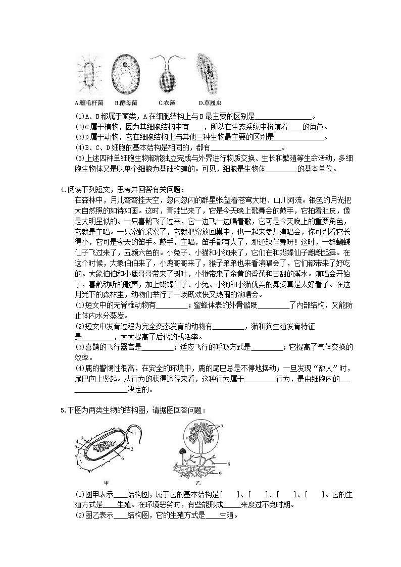 中考生物二轮复习《动物的主要类群和微生物》大题狂做（含答案）第2页