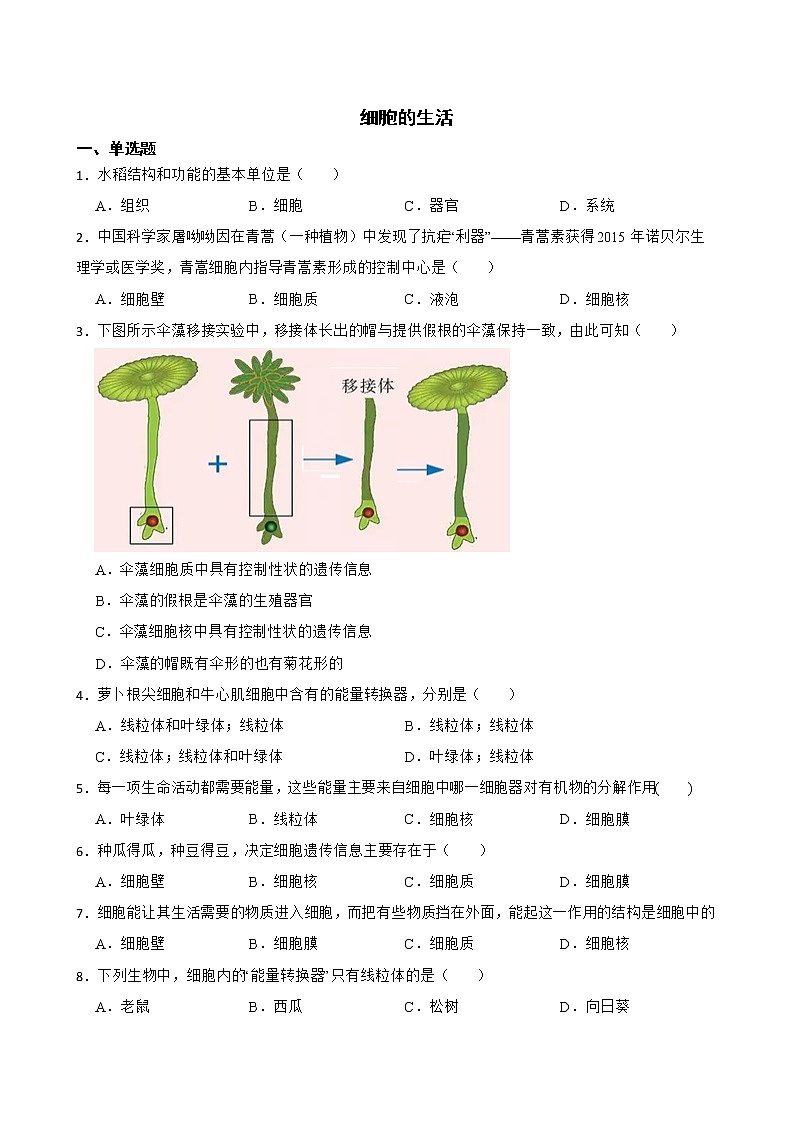 2022届中考生物二轮复习测试专题 细胞的生活解析版第1页