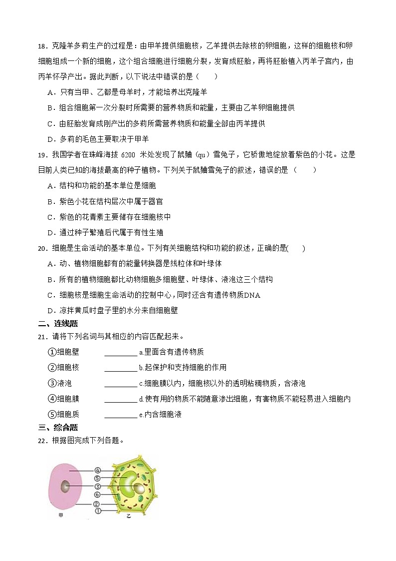 2022届中考生物二轮复习测试专题 细胞的生活解析版第3页