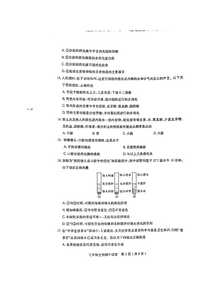 广东省茂名市电白区2021-2022学年七年级下学期期中考试生物试题（含答案）03