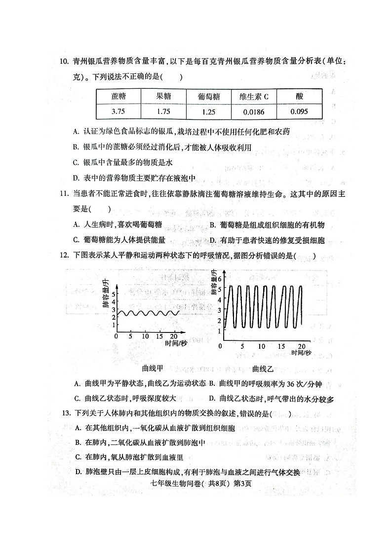山东省聊城市阳谷县2021-2022学年七年级下学期期中考试生物试题（含答案）03