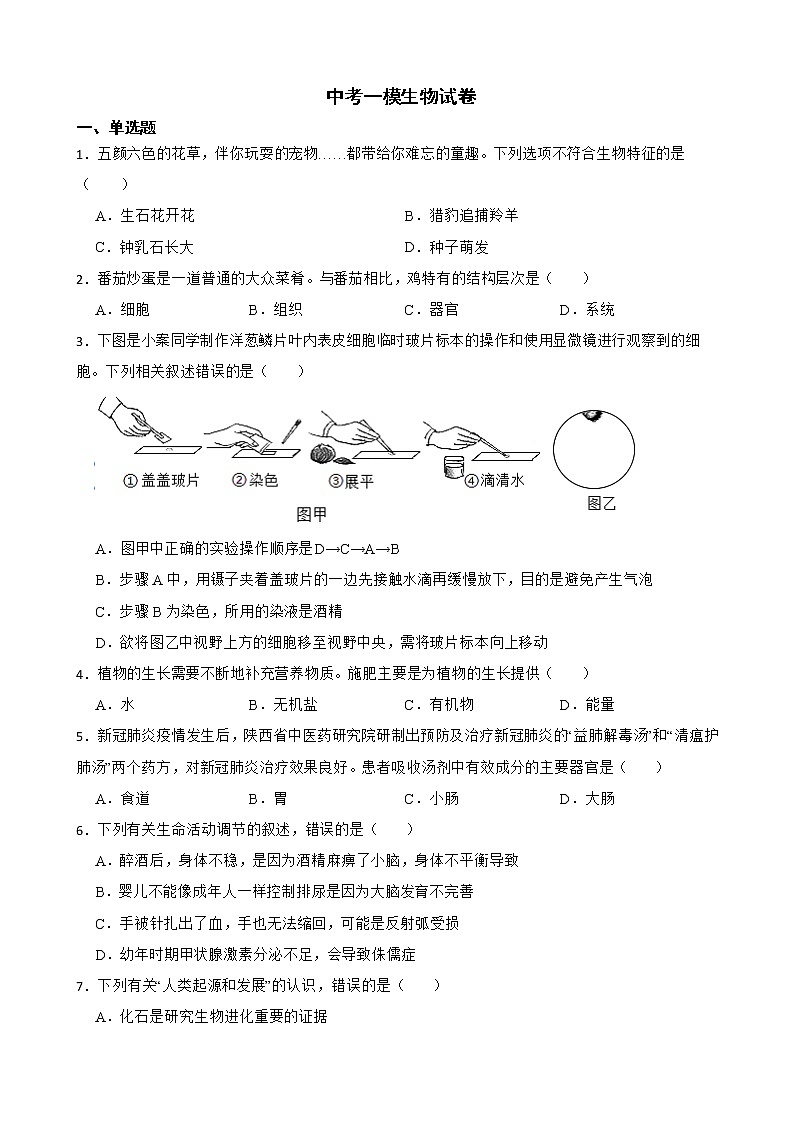2022届陕西省渭南市八年级中考一模生物试卷解析版01