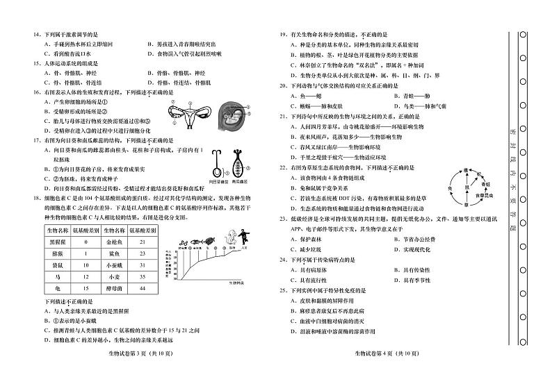 2022年北京大兴初二一模生物试卷含答案02