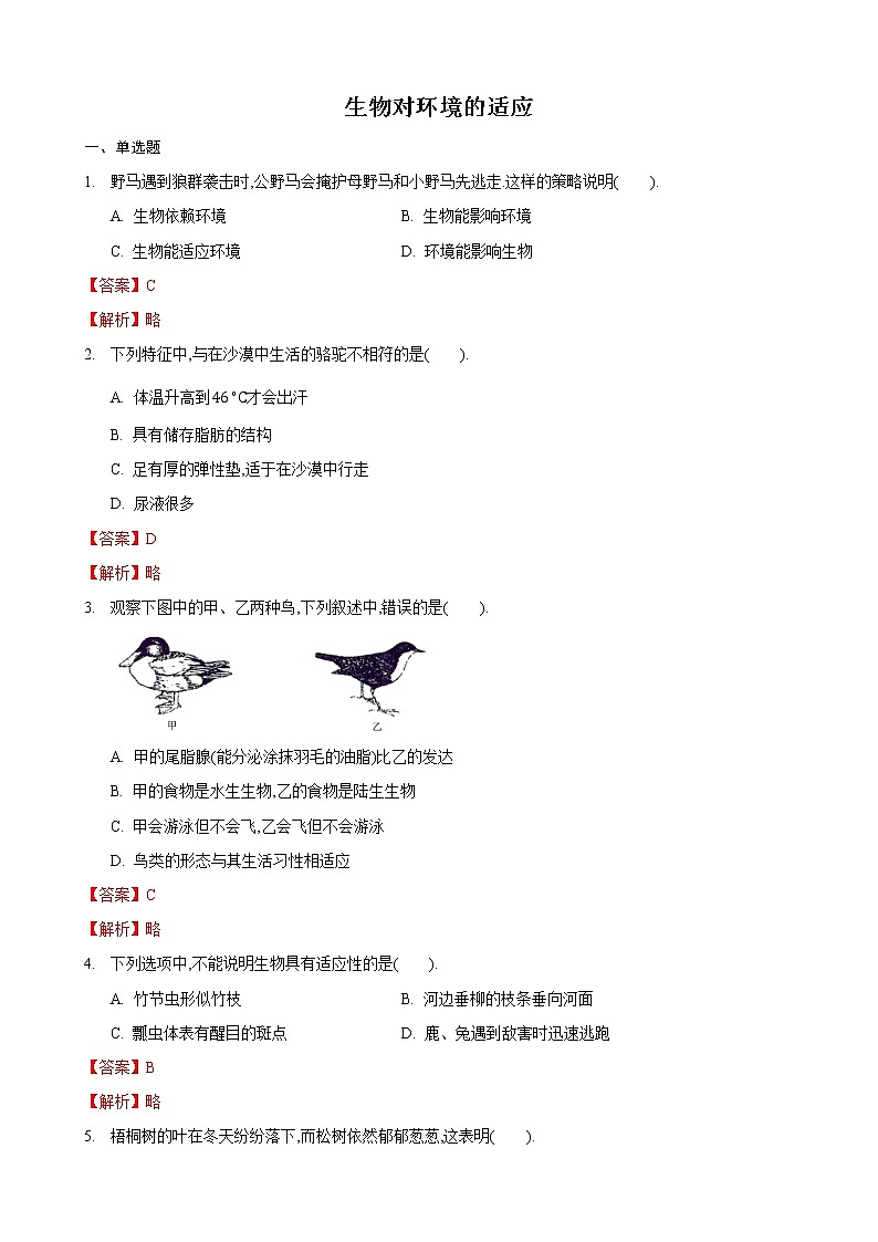 2.4 生物对环境的适应（练习）（解析版）第1页