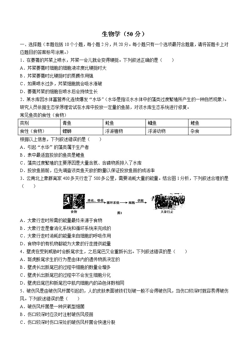 2022内蒙古包头市八年级结业考试调研生物试题（一模）（无答案）第1页