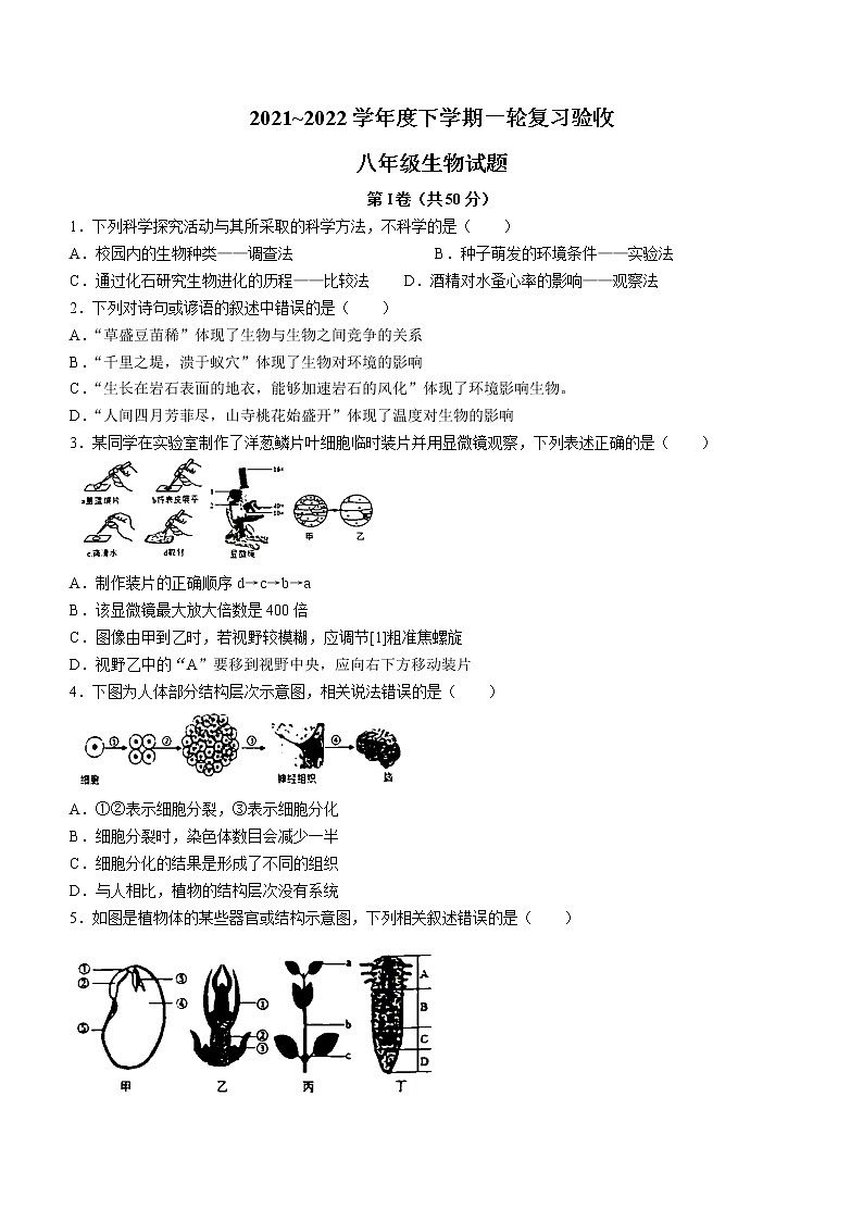 2022年山东省临沂市临沭县八年级下学期一模生物试题（无答案）01
