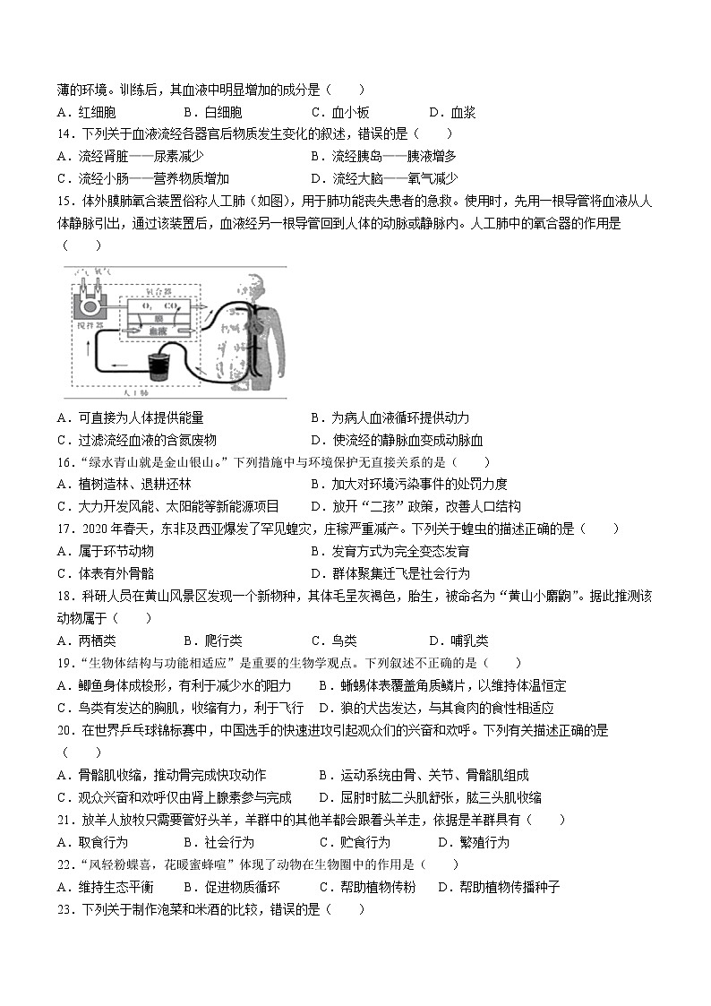 2022年广东省东莞市六校八年级二模生物试题（有答案）03