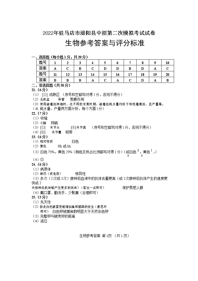 2022年河南省驻马店市泌阳县中招第二次模拟考试（二模）生物试卷（有答案）01