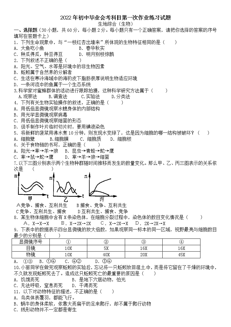 2022年湖南省娄底市双峰县丰茂学校初中毕业会考科目第一次作业检测生物试题（有答案）第1页