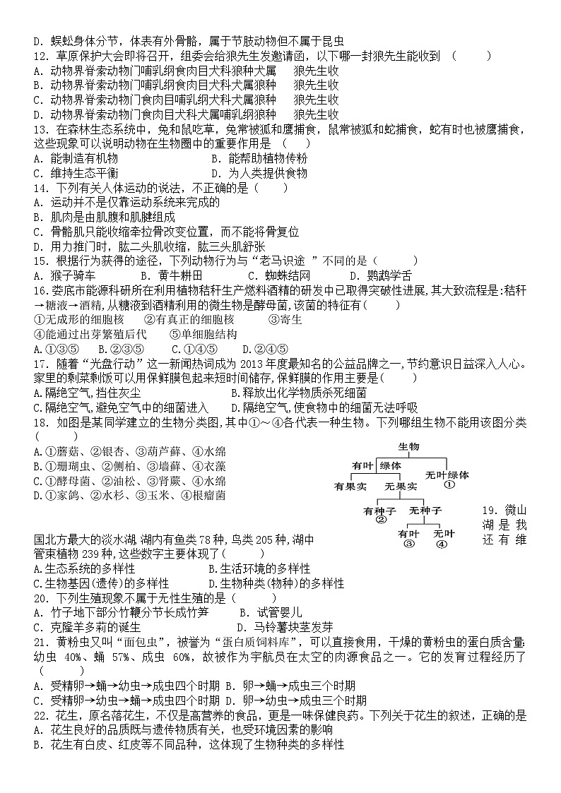 2022年湖南省娄底市双峰县丰茂学校初中毕业会考科目第一次作业检测生物试题（有答案）第2页