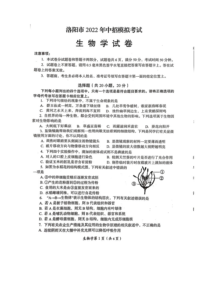 2022年河南省洛阳市中招模拟考试生物试卷（有答案）01