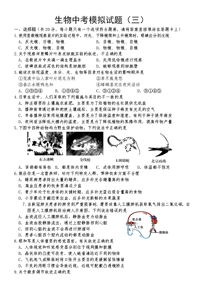 2022年山东省菏泽市巨野县中考模拟生物试题（三）（有答案）01