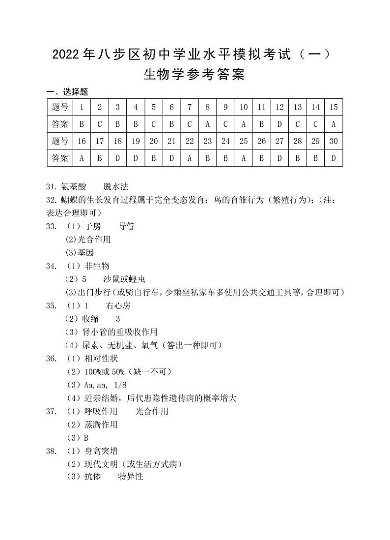 2022年广西贺州市八步区初中学业水平模拟考试生物试题（一）（有答案）01