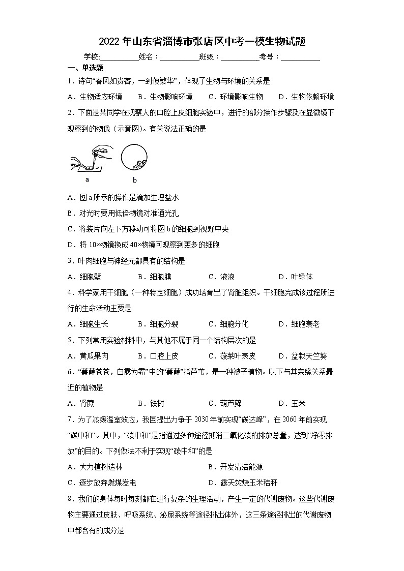 2022年山东省淄博市张店区中考一模生物试题(word版含答案)01