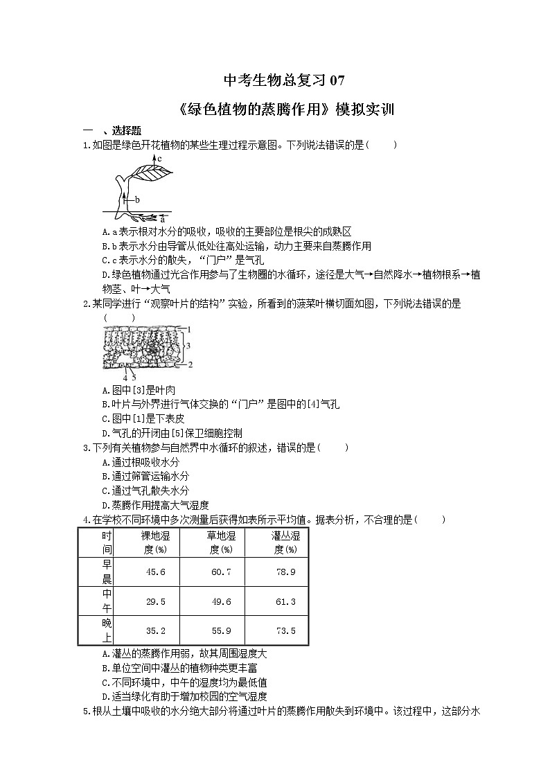中考生物总复习07《绿色植物的蒸腾作用》模拟实训（含答案）第1页