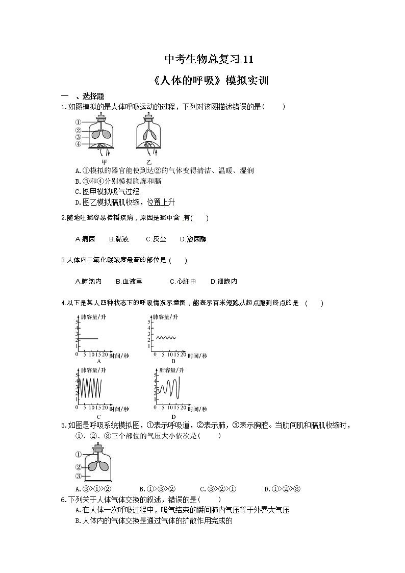 中考生物总复习11《人体的呼吸》模拟实训（含答案） 试卷01