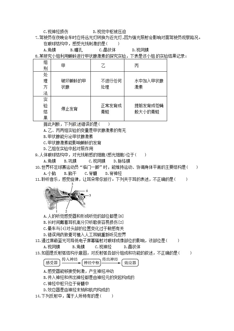 中考生物总复习14《人体生命活动的调节》模拟实训（含答案）第2页