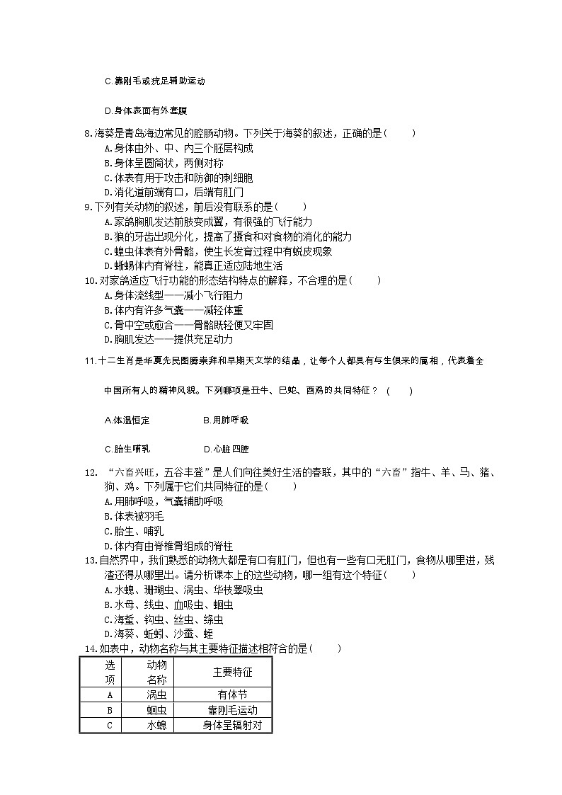 中考生物总复习17《各种环境中的动物》模拟实训（含答案） 试卷02