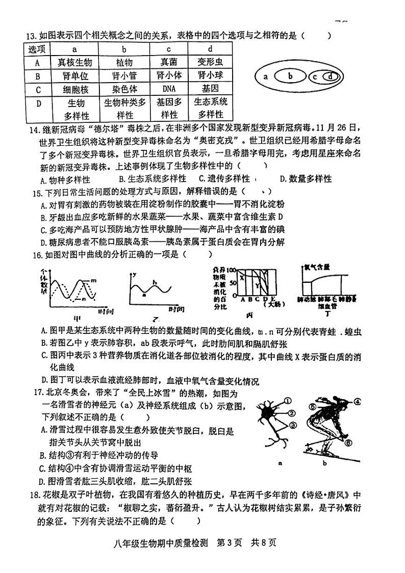 2021-2022学年度下学期期中质量检测八年级生物试题(无答案)第3页